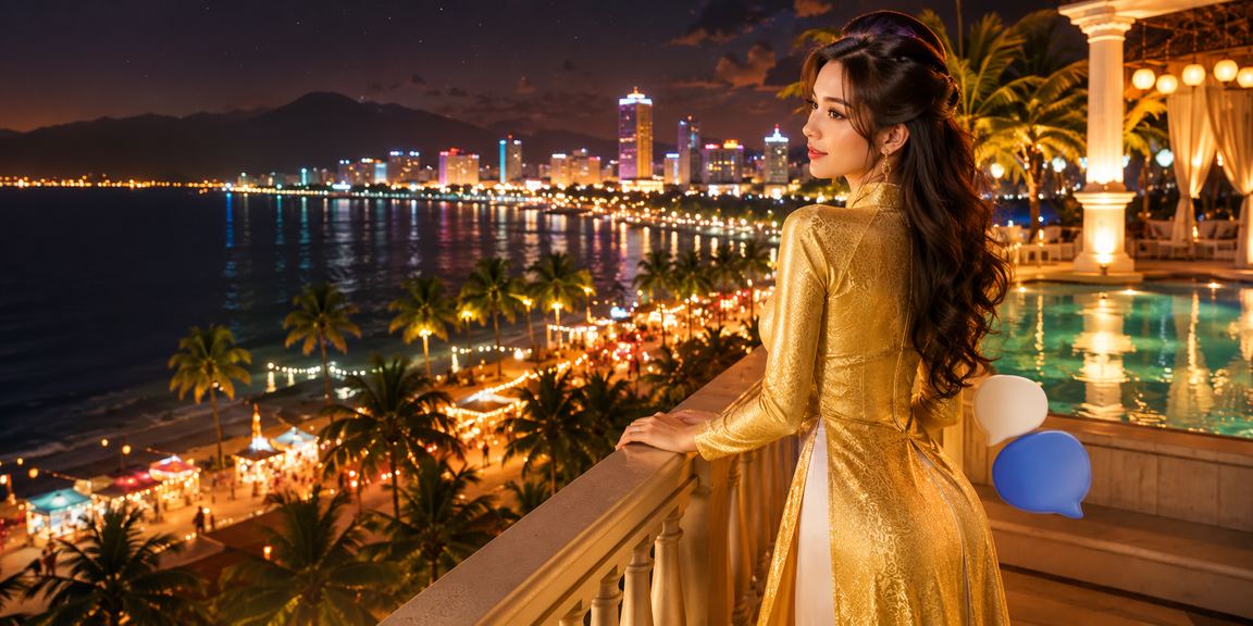 Cảnh biển Mũi Né buổi tối, người chơi casino mặc áo dài trải nghiệm live dealer trên thiết bị di động